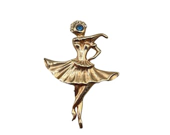 Vintage 1940s Ballerina Pin Brooch Gold Tone And Rhinestones Figural Costume Jewelry