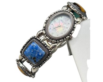 ECCLISSI Sterling Silver Watch Bracelet Semi Precious Stones Elastic Stretch Beaded Watch