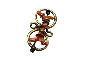 Victorian Antique Coral Pin Brooch Gold Filled Wire Wrapped Design Genuine Coral