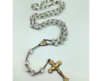 Vintage Clear Rosary Old Vintage Faceted Glass Beads Gold Tone Medal and Cross