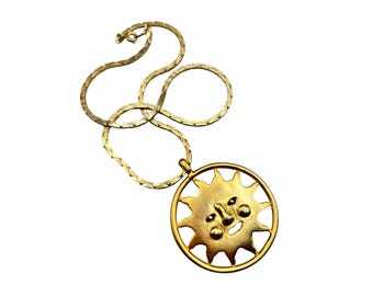 Vintage Gold Tone Sunburst Necklace Sun Face Matte Gold Pendant Chain Necklace