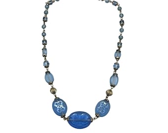 Vintage Czech Glass Necklace Etched Intaglio Blue Beaded Short 14" Necklace