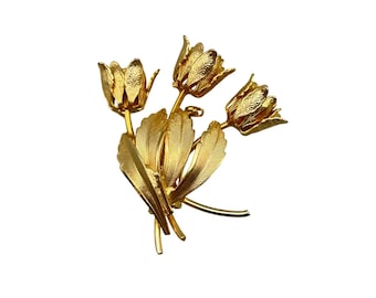 Gold Tone Tulip Flower Bouquet Pin Brooch Vintage Floral Design Pin