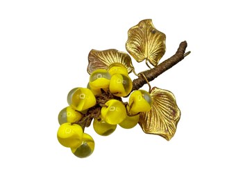 Possibly Miriam Haskell Grape Brooch Glass Givre Yellow & Brass Leaf Hand Wired