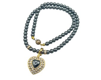 Hematite Beaded Necklace with Heart Enhancer Pendant Sterling Clasp