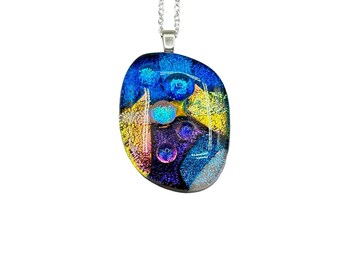 Dichroic Glass Pendant Necklace Blue Tones Handmade Artist Signed One Of A Kind