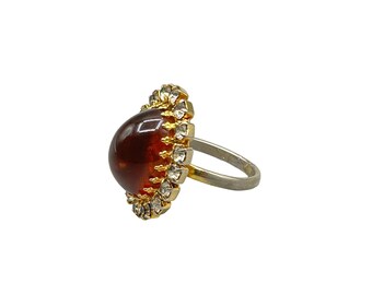 Vintage Adjustable Ring Oval Red Cabochon & Clear Rhinestones Accents