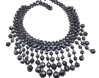 Beaded Bib Necklace Black Acrylic Faceted Beads Wide Statement Costume Jewelry