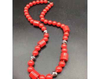Bright Vibrant Red Necklace Vintage Round & Cylinder Plastic Beads Single Strand