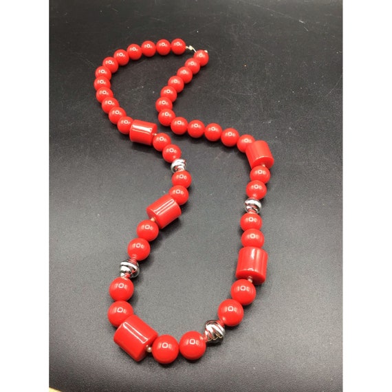 Bright Vibrant Red Necklace Vintage Round & Cylinder Plastic