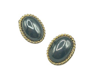 Hematite Clip On Earrings Oval Cabochons On Gond Tone Setting Simple Elegant Design
