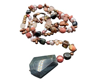 Handcrafted Semi Precious Stones Necklace Earthy Colors Pearls and Stones