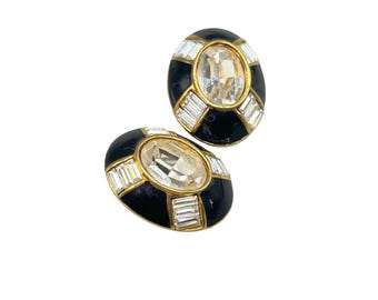 Vintage St. John Clip On Earrings Black Enamel Clear Rhinestones & Gold Tone