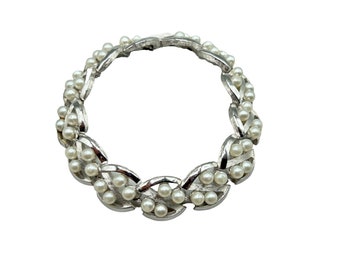 Signed Trifari Silver Tone and Faux Pearls Bracelet Long Textured Metal Links