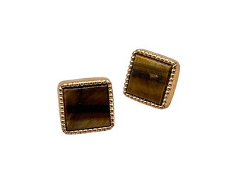 Older Vintage Tigers Eye Square Cufflinks Brown Stone Men Formal Accessory