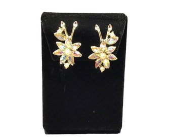 Rhinestone Climber Earrings Clip On Aurora Borealis Colorful Flowers with Pearls