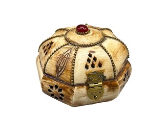 Vintage Carved Bone Trinket Box With Red Stone & Brass Accents