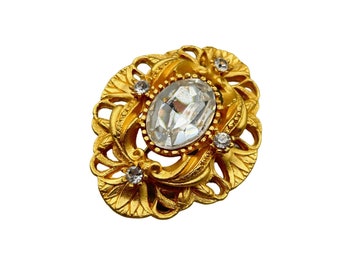Vintage Matte Gold Tone Brooch Very Ornate Oval Design with Clear Rhinestones