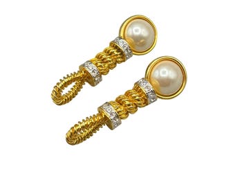 Vintage Valentino Earrings Twist Gold Tone Faux Pearl Rhinestones Made in Italy