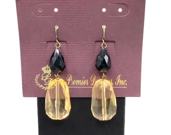 Vintage Premier Design Dangles Earrings New Old Stock On Card Yellow Black Beads
