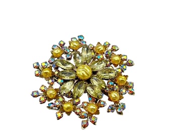 Layered Flower Rhinestones Brooch Aurora Borealis Stone Faux Pearls Yellow Tones