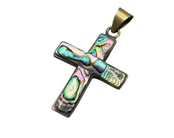 Vintage Cross Pendant Abalone Shell And Alpaca Made In Mexico