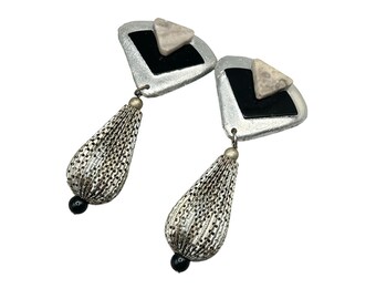 Handcrafted Geometric Drop Dangling Clip On Earrings Silver & Black Oversized