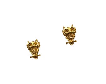 Petite Owl Stud Earrings Gold Tone Miniature Birds Rhinestones Eyes