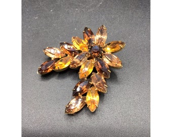 Vintage Rhinestones Pin Brooch Topaz Color Flower Marquise All Prong Set Stones