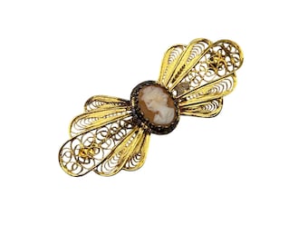 Vintage Genuine Cameo Pin Brooch Filigree Style Gold Tone Metal Made In Italy