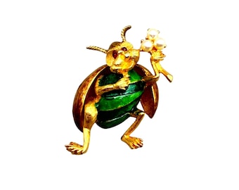Vintage Whimsical Beetle Pin Brooch Igold And Green Enamel With Pearls Flower Bouquet