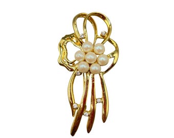 Bow With Pearls Brooch Faux Pearls Pin Gold Tone Vintage Costume Jewelry