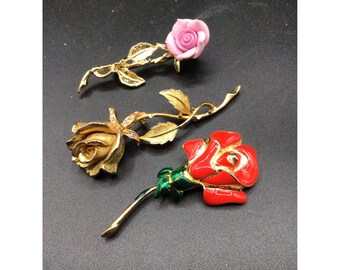 Vintage Flower Roses with Stems Pins Gold Tone Pink Red Collection of 3 Brooches