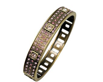HEIDI DAUS  Hinged Bangle Bracelet Antiqued Gold And Pink Crystals