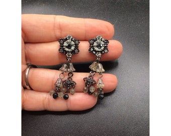 Vintage MX Earrings Black Rhinestones Flowers Michael Morrison Signed Dangles