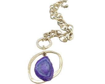 Tori Spelling 80s Necklace Gold Tone Chain Purple Stone Slab Removable Pendant