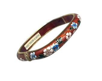 Vintage Cloisonne Bangle Bracelet Hinged Square Geometric Floral Older Oriental Jewelry