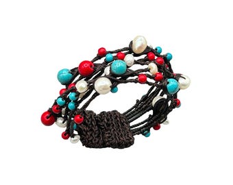 Beaded Wire Cuff Bracelet Genuine Pearls Red & Turquoise Color Beads Multilayer