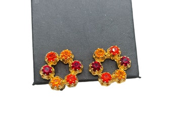 Vintage Signed Austria Clip On Earrings Red Orange Warm Tones Wreath Design