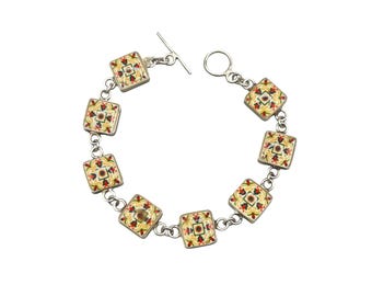 Tile Design Bracelet Handcrafted Vintage Unusual Majolica Style Link Bracelet