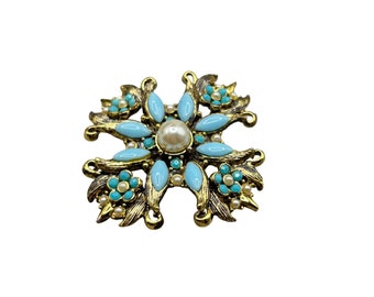 Hollycraft Pin Brooch Gold Tone Maltese Cross Turquoise Rhinestones Faux Pearls