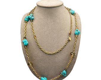 Gold Tone Necklace Turquoise Howlite Nuggets & Crystal Beads Station Necklace