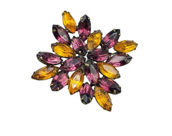Vintage Rhinestones Brooch Great Color Combination Orange Purple Glass Stones