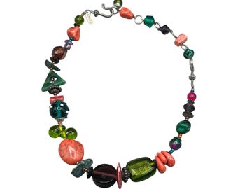 Signed TRESKA Asymmetrical Necklace Glass And Stone Beads Colorful Funky Fun