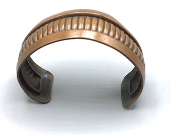 Solid Copper Cuff Bracelet Ribbed Design Detailed Handcrafted Costume Jewelry
