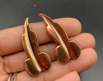 Signed Renoir copper earrings - unusual mature design clip on earrings