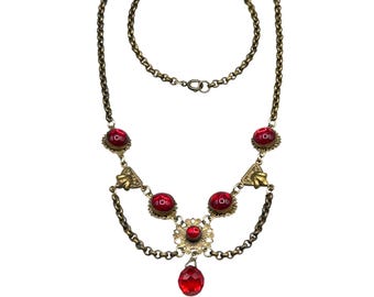 Victorian Festoon Necklace Glass And Brass Red Drop Vintage Czech Jewelry