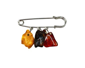 Vintage Amber Safety Pin Brooch 3 Color Amber Nuggets Dangles Silver Tone