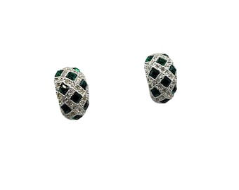 Vintage Silver & Emerald Green Crystal Earrings Sparkly Pierced Domed Design