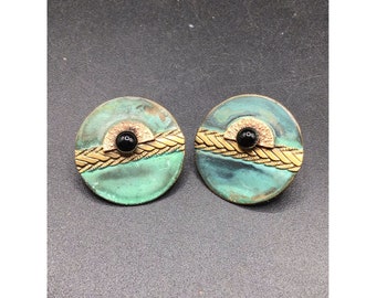 Funky Round Pierced Studs Earrings Simulated Green Patina Over Brass Color Metal